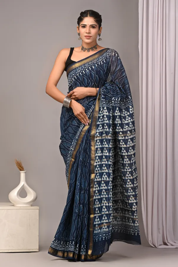 Navy_Blue_Maheshwari_Silk_Bandhani_Printed_Saree_With_Gold_Border_For_Women