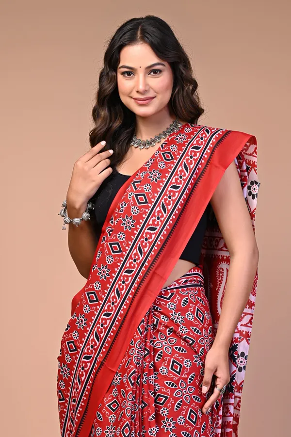 Red_Cotton_Mulmul_Ajrakh_Block_Printed_Saree_For_Women