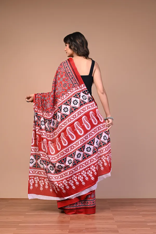 Red_Cotton_Mulmul_Ajrakh_Block_Printed_Saree_For_Women