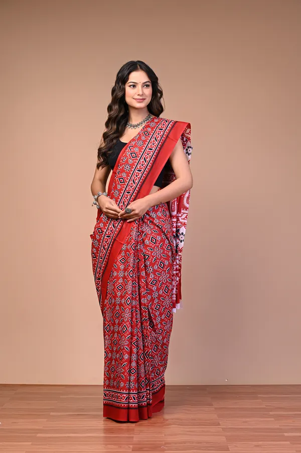 Red_Cotton_Mulmul_Ajrakh_Block_Printed_Saree_For_Women