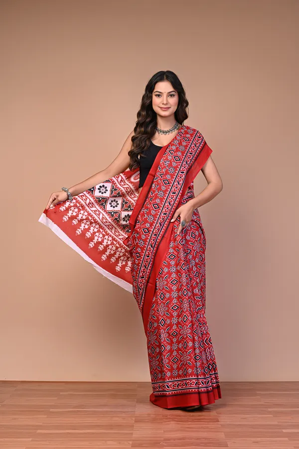 Red_Cotton_Mulmul_Ajrakh_Block_Printed_Saree_For_Women