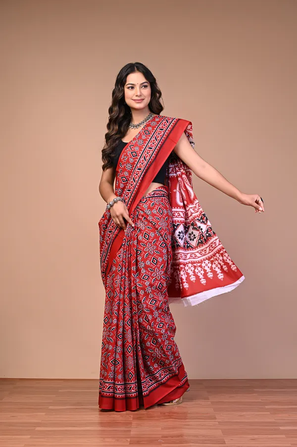 Red_Cotton_Mulmul_Ajrakh_Block_Printed_Saree_For_Women