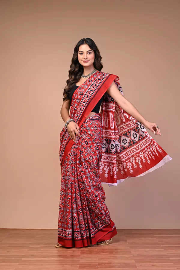 Red_Cotton_Mulmul_Ajrakh_Block_Printed_Saree_For_Women