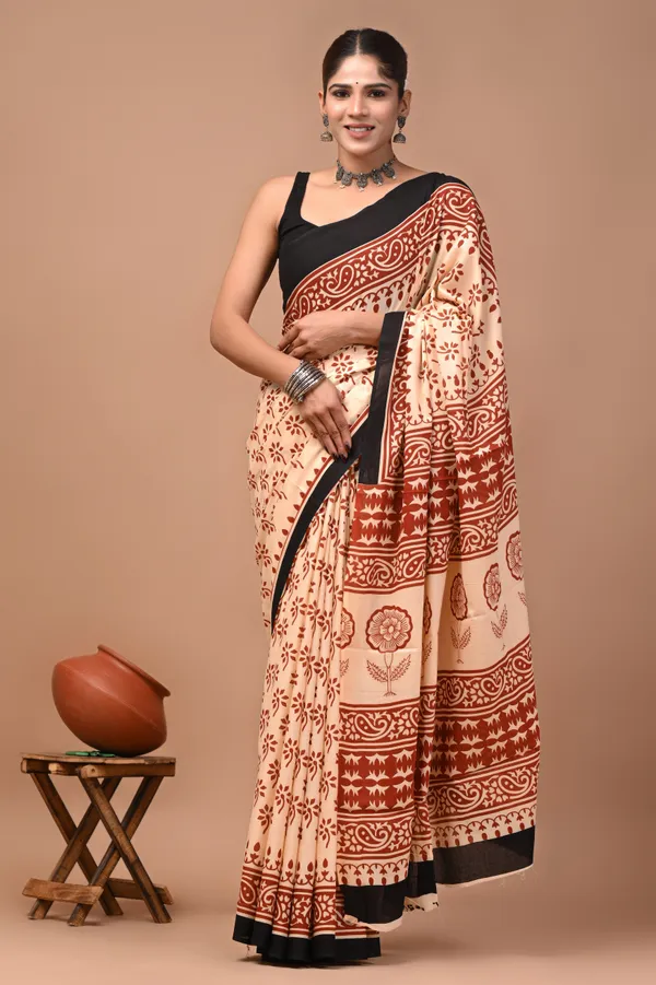 Beige_And_Black_Cotton_Mulmul_Hand_Block_Printed_Saree_With_Border_For_Women
