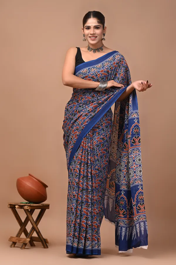 Blue_Cotton_Mulmul_Ajrakh_Hand_Block_Print_Saree_For_Women