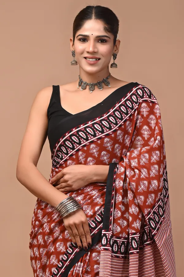 Rust_Red_Cotton_Mulmul_Floral_Block_Print_Saree_For_Women