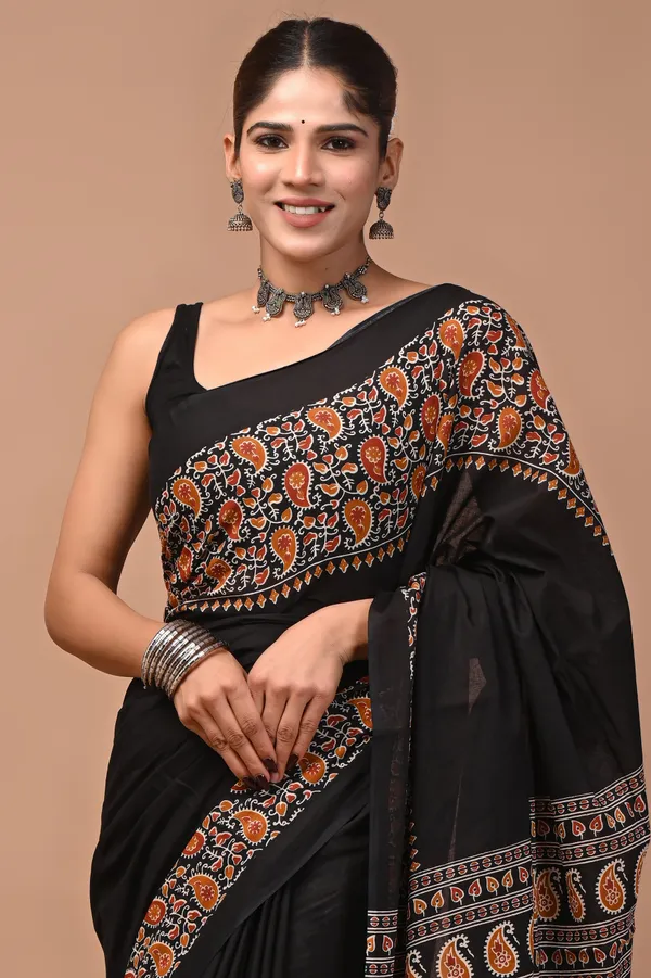 Black_Cotton_Mulmul_Kalamkari_Print_Saree_For_Women