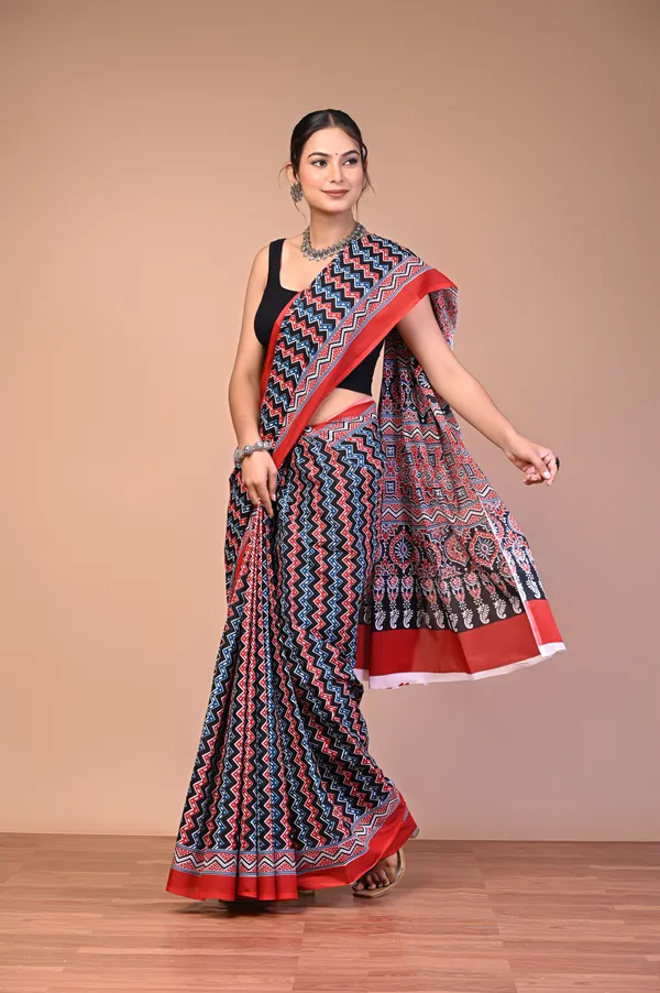 Black_And_Red_Cotton_Mulmul_Ajrakh_Geometric_Print_Saree_For_Women