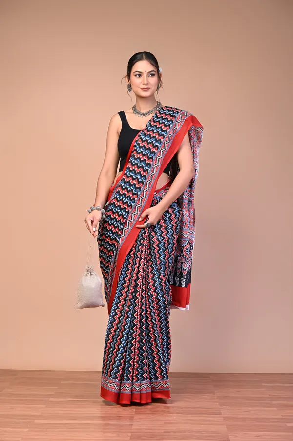 Black_And_Red_Cotton_Mulmul_Ajrakh_Geometric_Print_Saree_For_Women