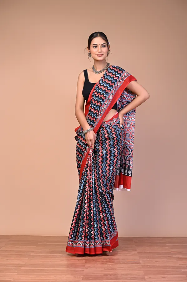 Black_And_Red_Cotton_Mulmul_Ajrakh_Geometric_Print_Saree_For_Women