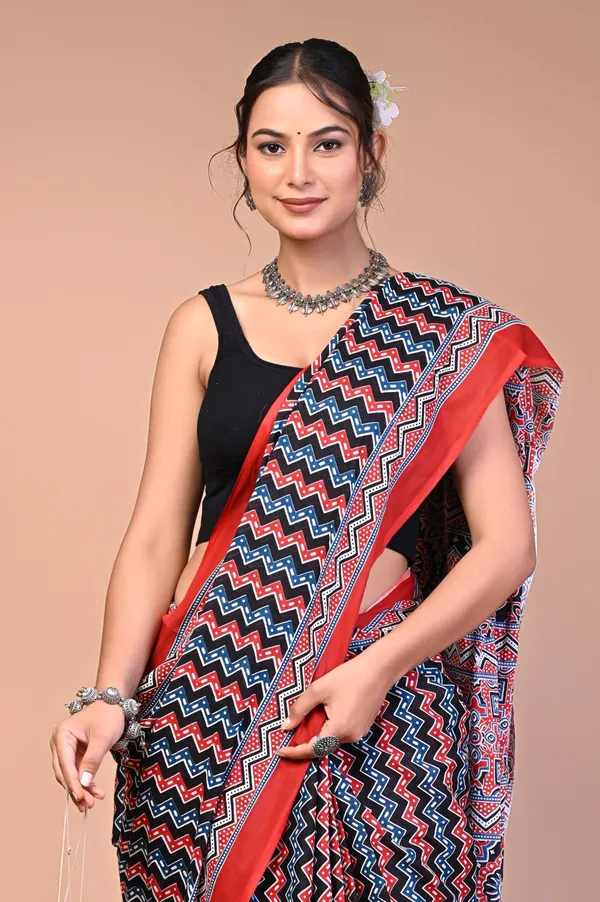 Black_And_Red_Cotton_Mulmul_Ajrakh_Geometric_Print_Saree_For_Women