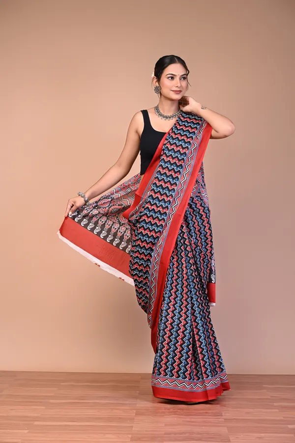 Black_And_Red_Cotton_Mulmul_Ajrakh_Geometric_Print_Saree_For_Women