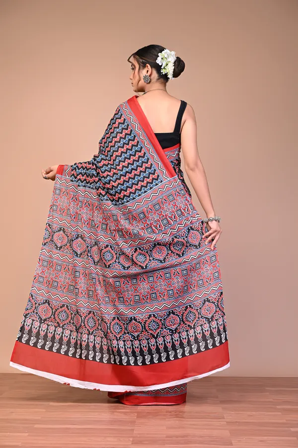 Black_And_Red_Cotton_Mulmul_Ajrakh_Geometric_Print_Saree_For_Women