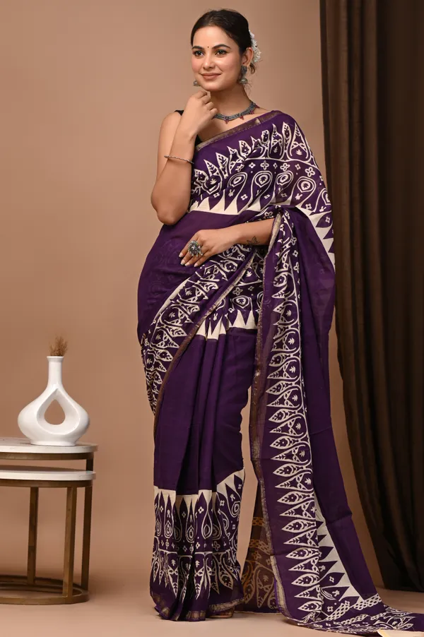 Purple_Zari_Cotton_Batik_Print_Saree_For_Women