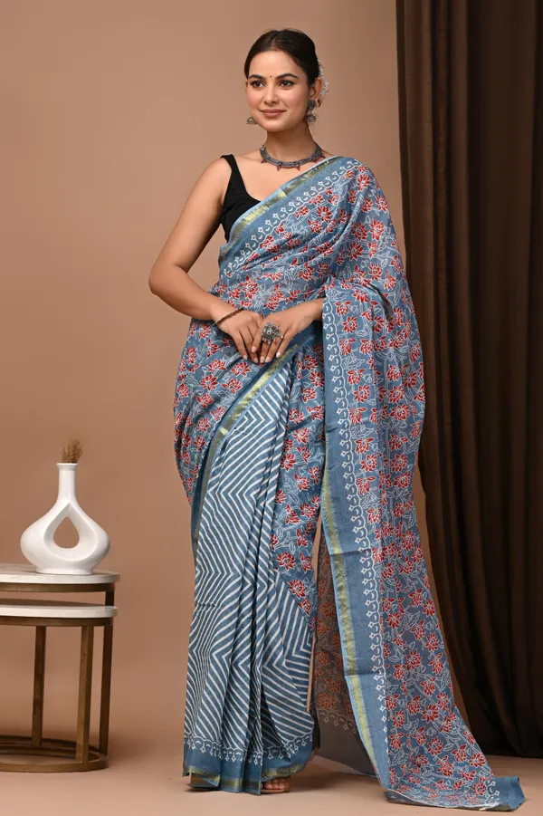 Blue_Zari_Cotton_Floral_Print_Saree_For_Women