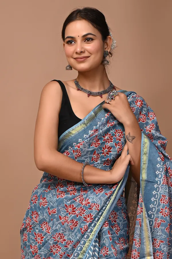 Blue_Zari_Cotton_Floral_Print_Saree_For_Women