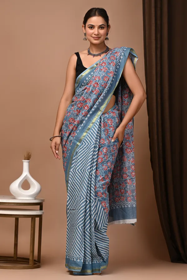Blue_Zari_Cotton_Floral_Print_Saree_For_Women