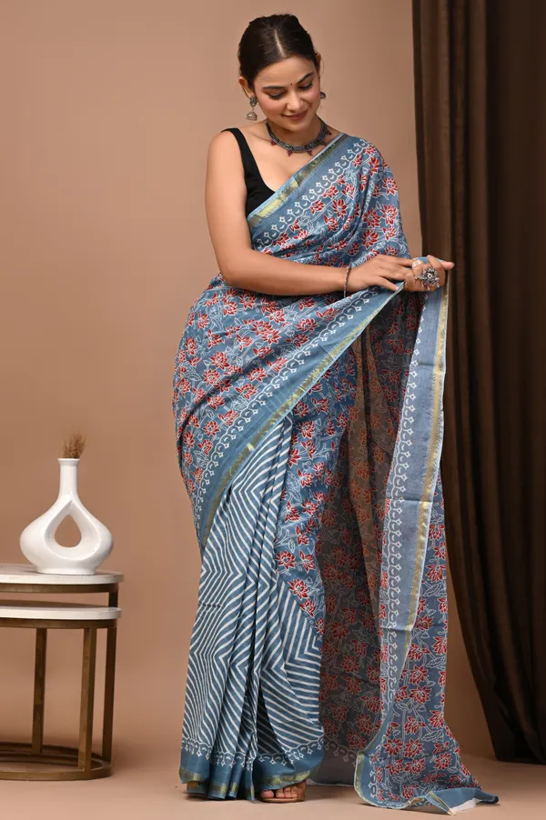 Blue_Zari_Cotton_Floral_Print_Saree_For_Women