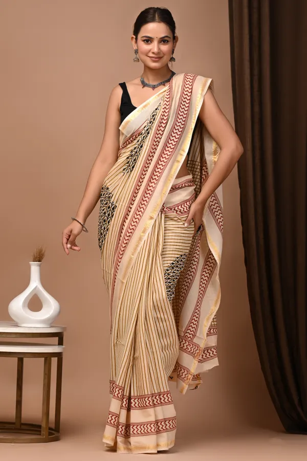 Beige_And_Red_Zari_Cotton_Block_Print_Saree_For_Women