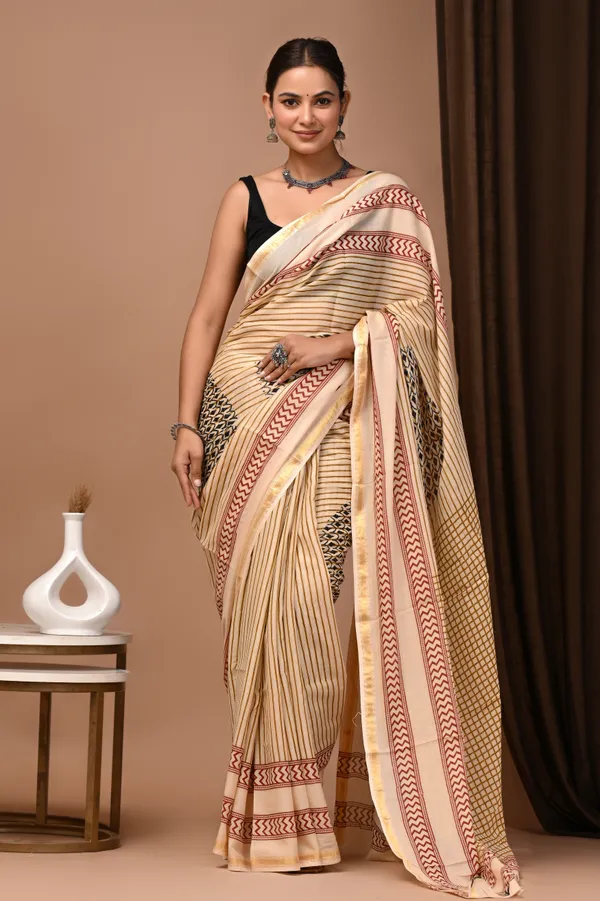 Beige_And_Red_Zari_Cotton_Block_Print_Saree_For_Women