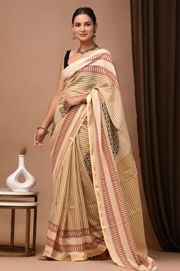Beige_And_Red_Zari_Cotton_Block_Print_Saree_For_Women