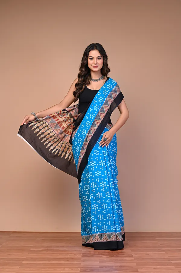 Blue_And_Black_Cotton_Mulmul_Floral_Printed_Saree_For_Women