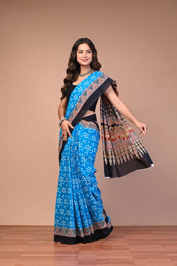 Blue_And_Black_Cotton_Mulmul_Floral_Printed_Saree_For_Women