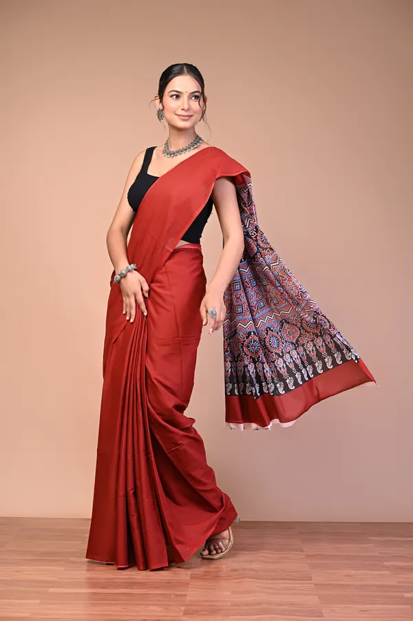 Rust_And_Red_Cotton_Mulmul_Printed_Saree_For_Women