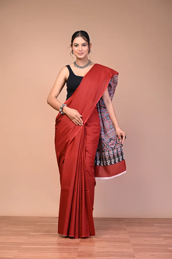 Rust_And_Red_Cotton_Mulmul_Printed_Saree_For_Women
