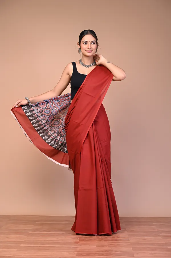 Rust_And_Red_Cotton_Mulmul_Printed_Saree_For_Women