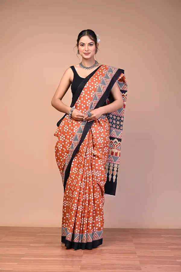 Rust_Orange_Cotton_Mulmul_Bandhani_Print_Saree_For_Women