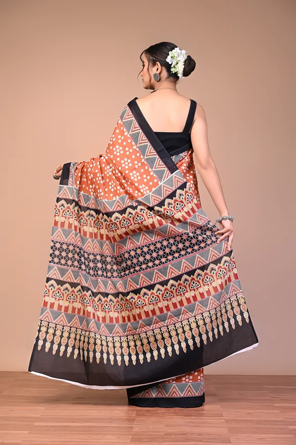 Rust_Orange_Cotton_Mulmul_Bandhani_Print_Saree_For_Women