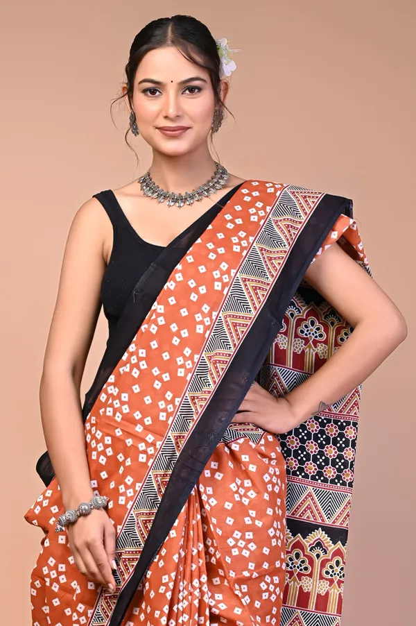 Rust_Orange_Cotton_Mulmul_Bandhani_Print_Saree_For_Women