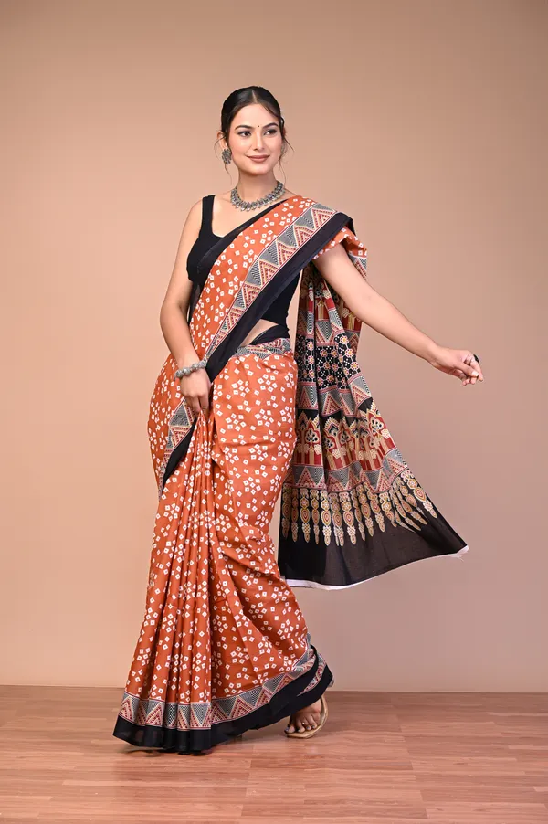 Rust_Orange_Cotton_Mulmul_Bandhani_Print_Saree_For_Women