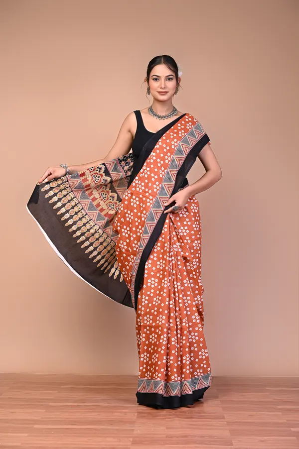 Rust_Orange_Cotton_Mulmul_Bandhani_Print_Saree_For_Women