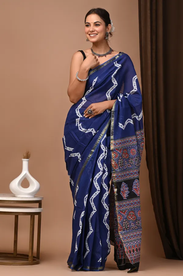 Blue_Zari_Cotton_Ajrakh_Block_Print_Saree_For_Women