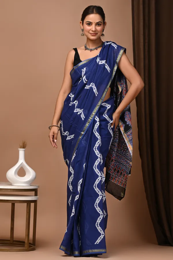 Blue_Zari_Cotton_Ajrakh_Block_Print_Saree_For_Women