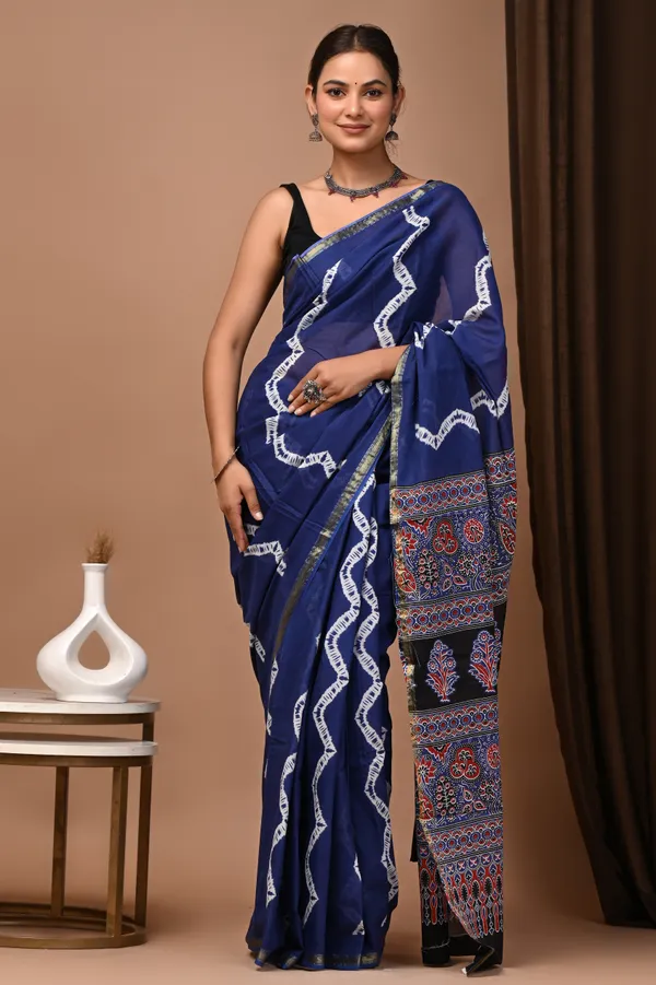 Blue_Zari_Cotton_Ajrakh_Block_Print_Saree_For_Women