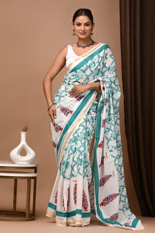 White_And_Green_Zari_Cotton_Geometric_Printed_Saree_For_Women