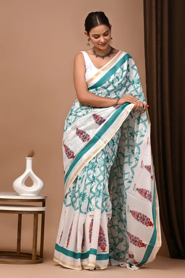 White_And_Green_Zari_Cotton_Geometric_Printed_Saree_For_Women