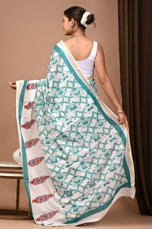 White_And_Green_Zari_Cotton_Geometric_Printed_Saree_For_Women