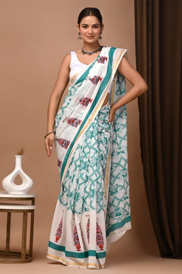 White_And_Green_Zari_Cotton_Geometric_Printed_Saree_For_Women