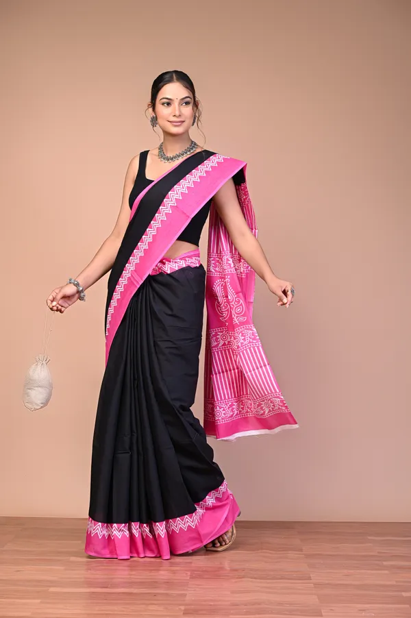 Black_And_Pink_Cotton_Mulmul_Traditional_Print_Saree_For_Women