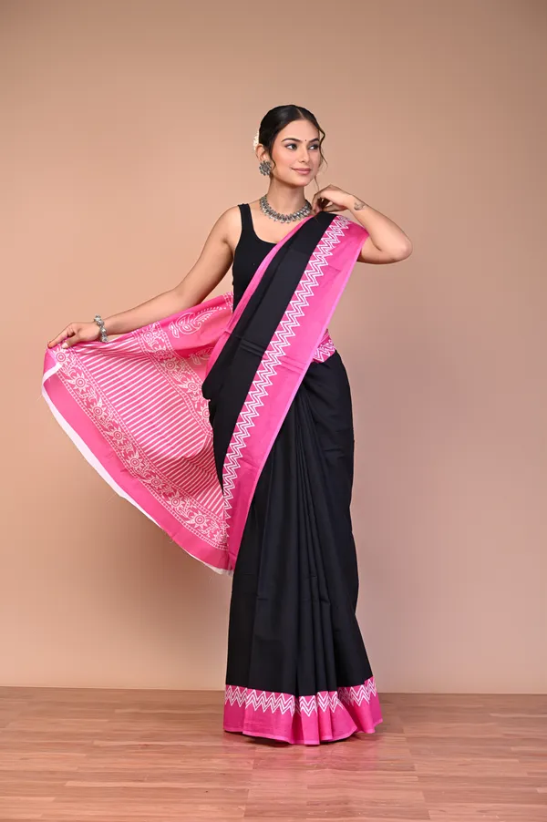 Black_And_Pink_Cotton_Mulmul_Traditional_Print_Saree_For_Women