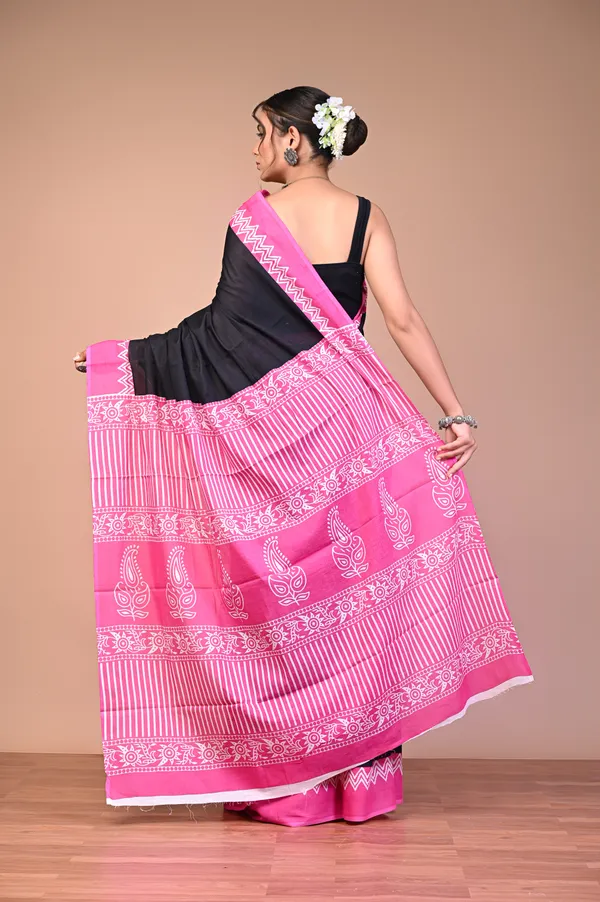 Black_And_Pink_Cotton_Mulmul_Traditional_Print_Saree_For_Women