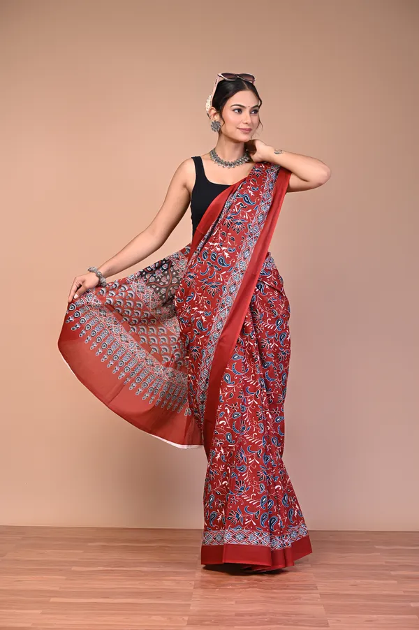 Red_And_Black_Cotton_Mulmul_Ajrakh_Print_Saree_For_Women