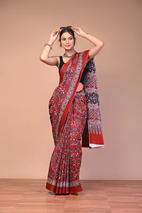 Red_And_Black_Cotton_Mulmul_Ajrakh_Print_Saree_For_Women