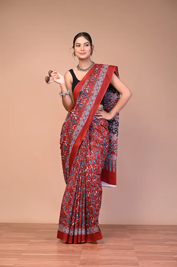 Red_And_Black_Cotton_Mulmul_Ajrakh_Print_Saree_For_Women