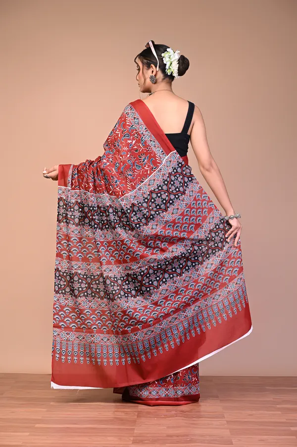 Red_And_Black_Cotton_Mulmul_Ajrakh_Print_Saree_For_Women