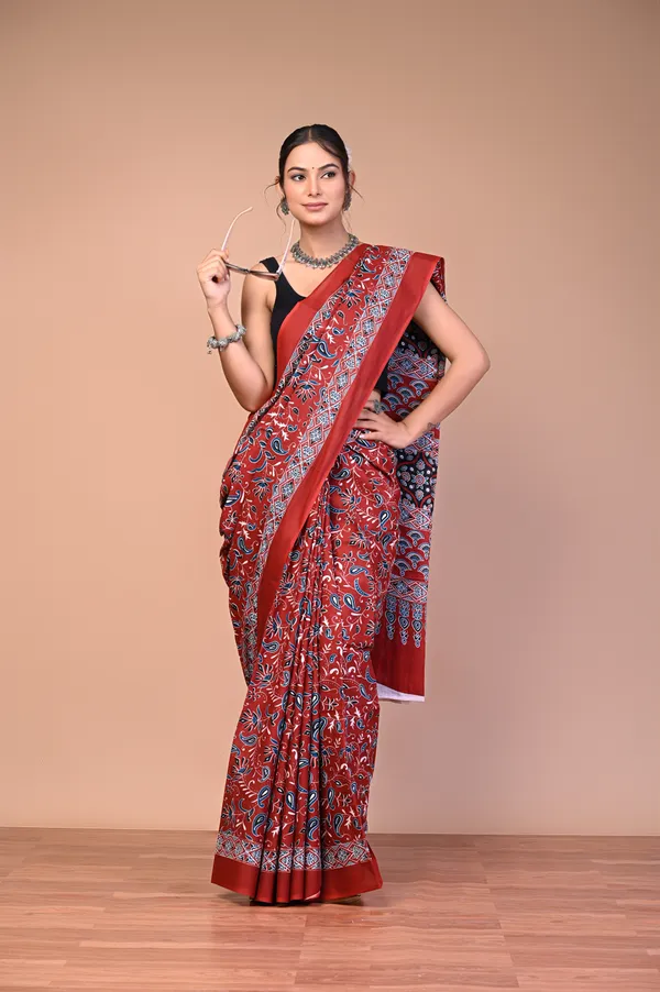 Red_And_Black_Cotton_Mulmul_Ajrakh_Print_Saree_For_Women